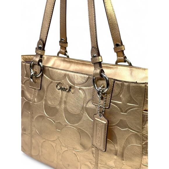 Coach Metallic Gold East West Embossed Signature Leather Tote Bag - Picture 11 of 15
